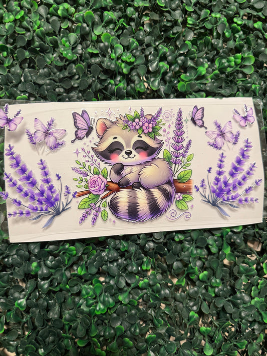 Raccoon with lavender and butterflies