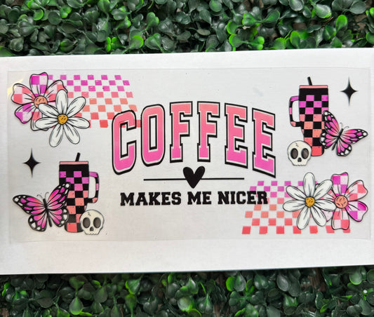 Coffee makes me nicer checkered flower drink