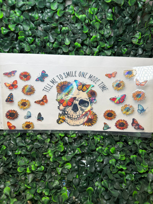 Holographic tell me to smile skull flowers butterflies wrap