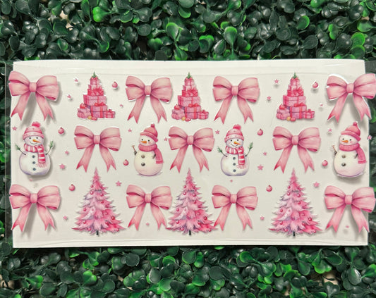 Pink Christmas trees bows snowman