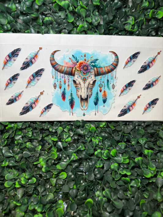 Teal bull skull feathers wrap