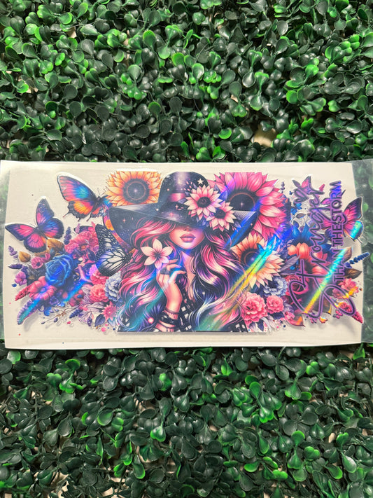 HOLOGRAPHIC boho girl with flowers and butterflies