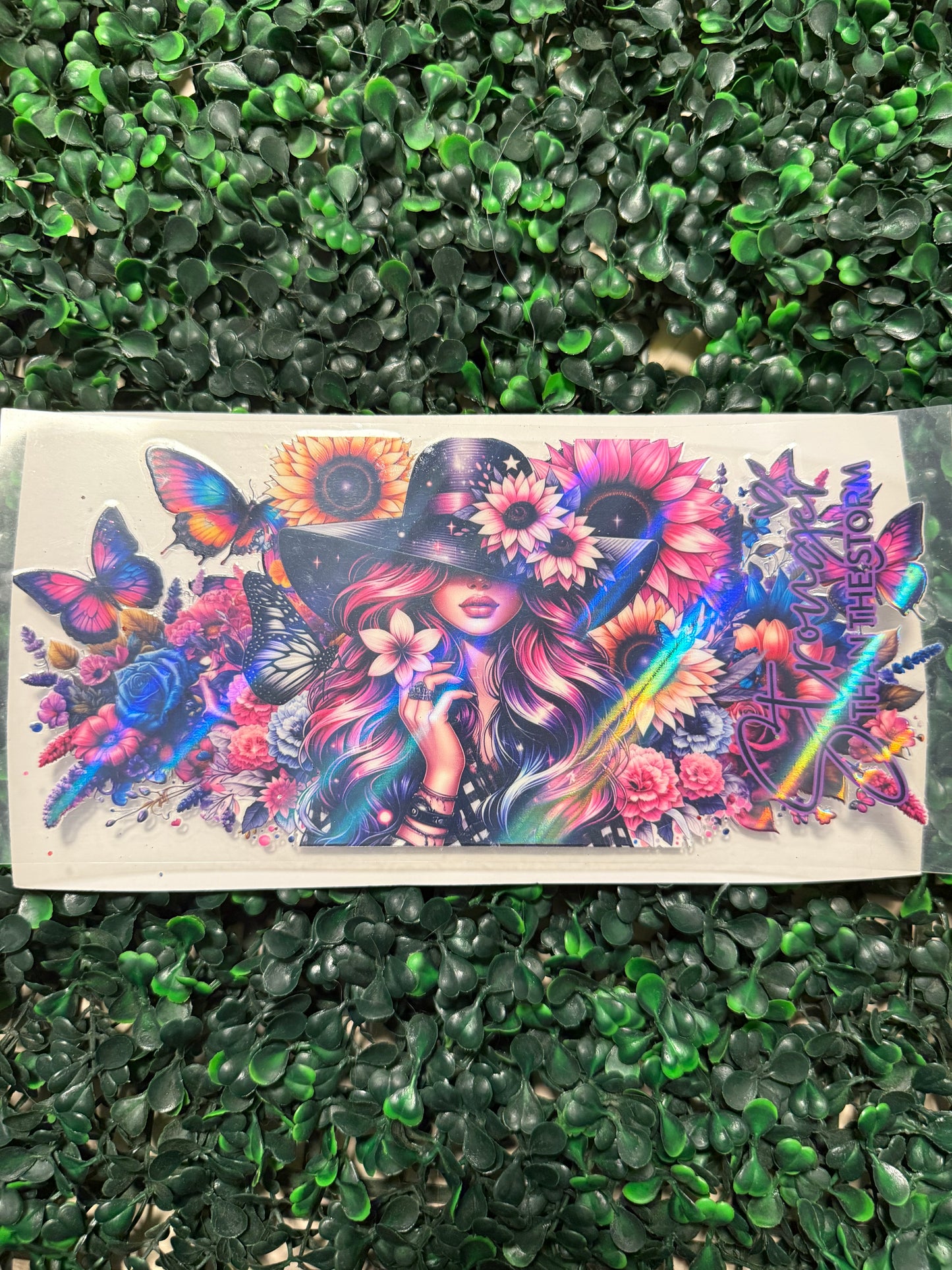 HOLOGRAPHIC boho girl with flowers and butterflies