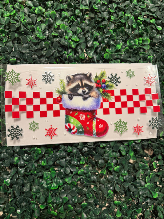 Racoon in a stocking red checker print