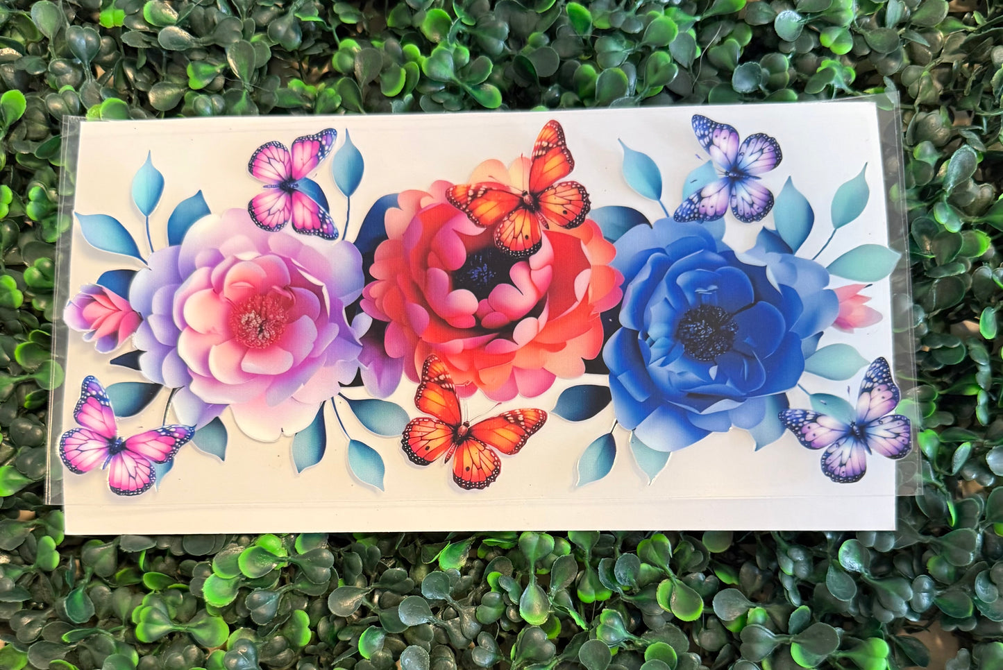 Peony flower pink, red, blue with butterflies 