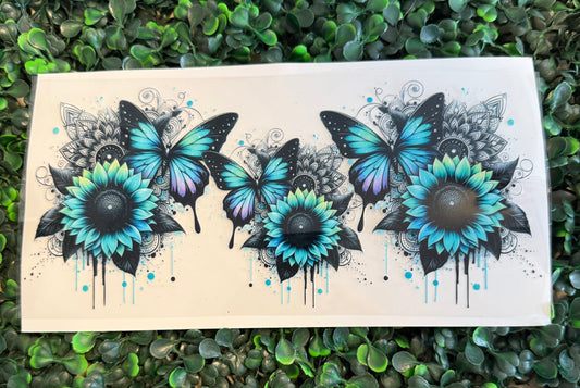 Blue sunflowers and butterflies