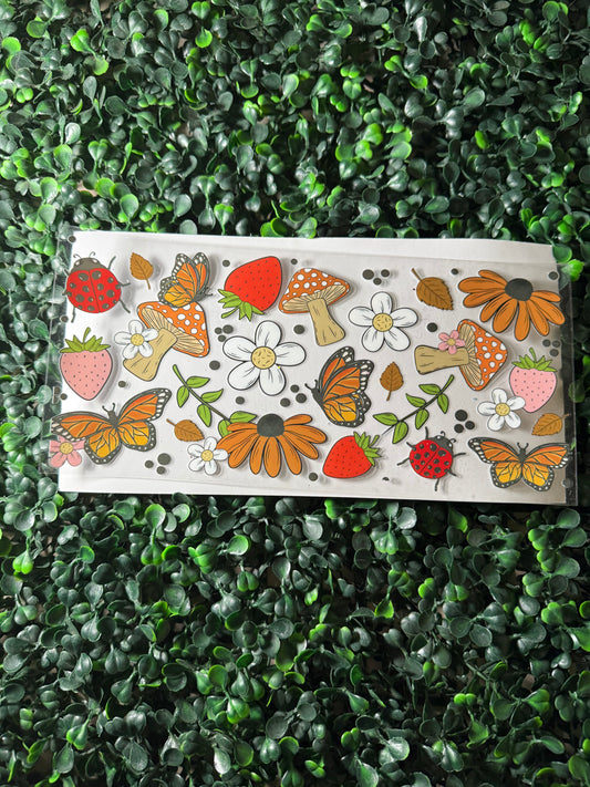 Mushrooms strawberries and daisies