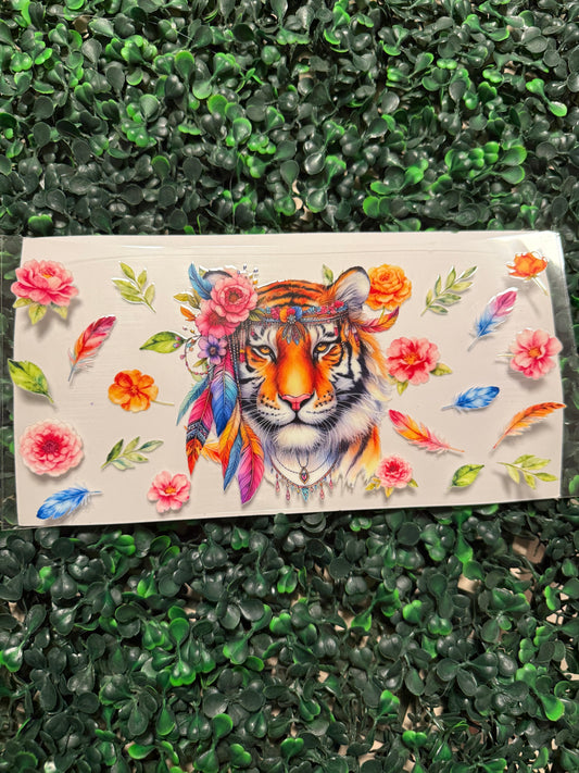 Tiger with flowers and feathers