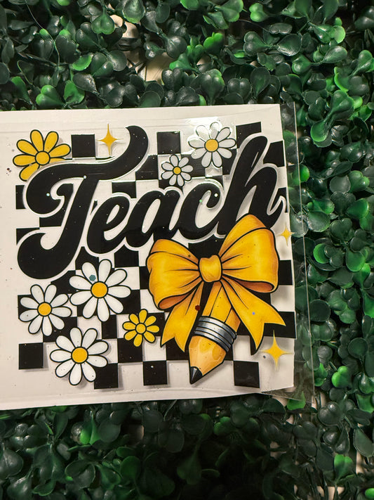 Teach checker print bow and white daisies DECAL