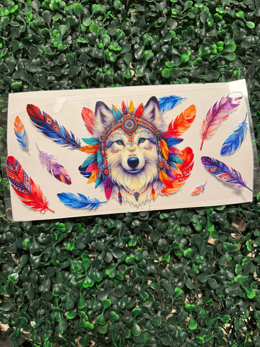 Wolf with multicolored feathers