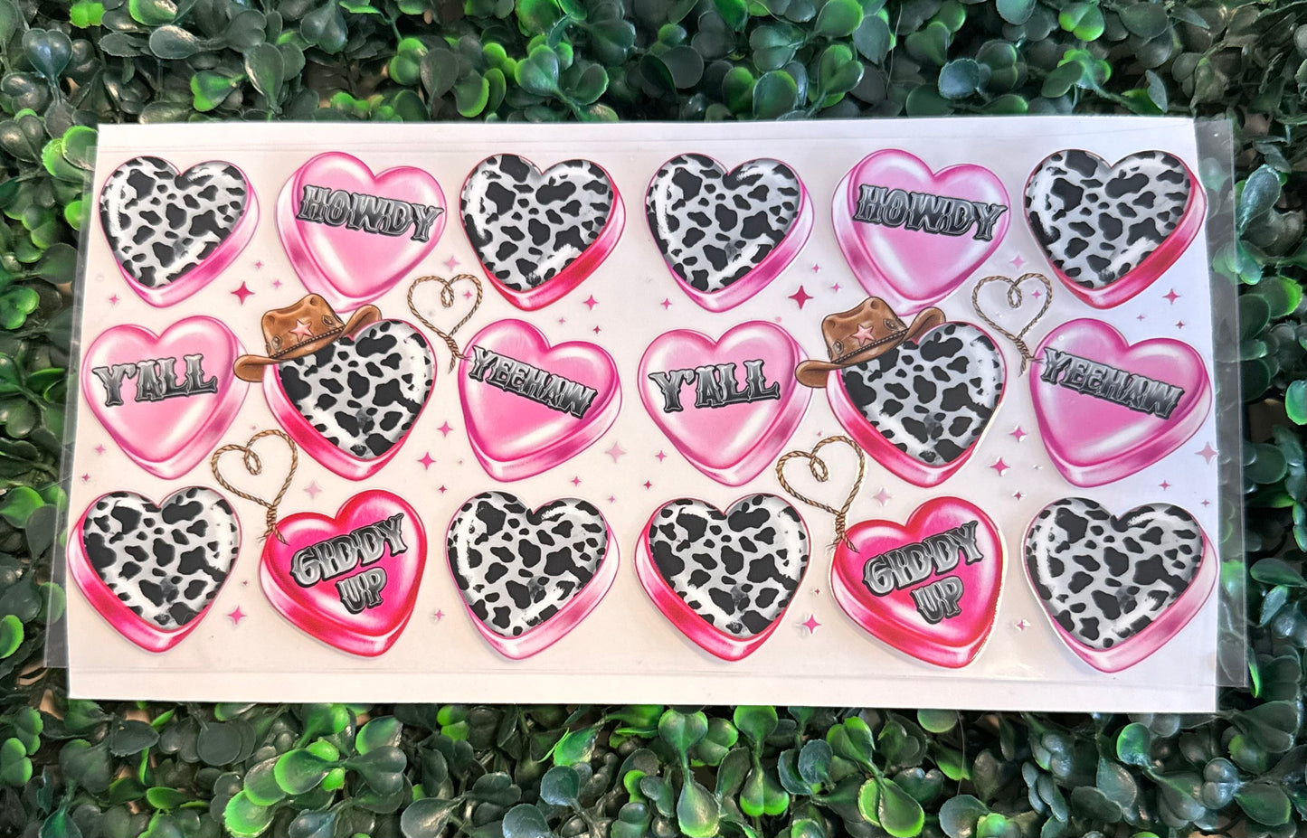 Cow print hearts with cowboy hats