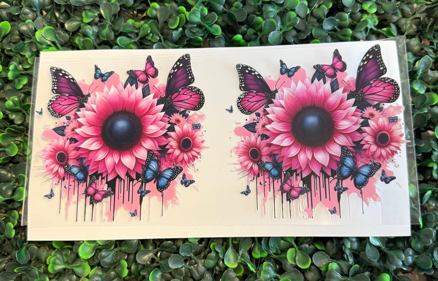 Pink sunflower with butterflies