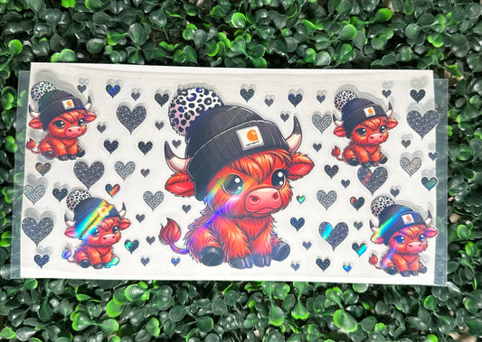 Holographic cow with beanie